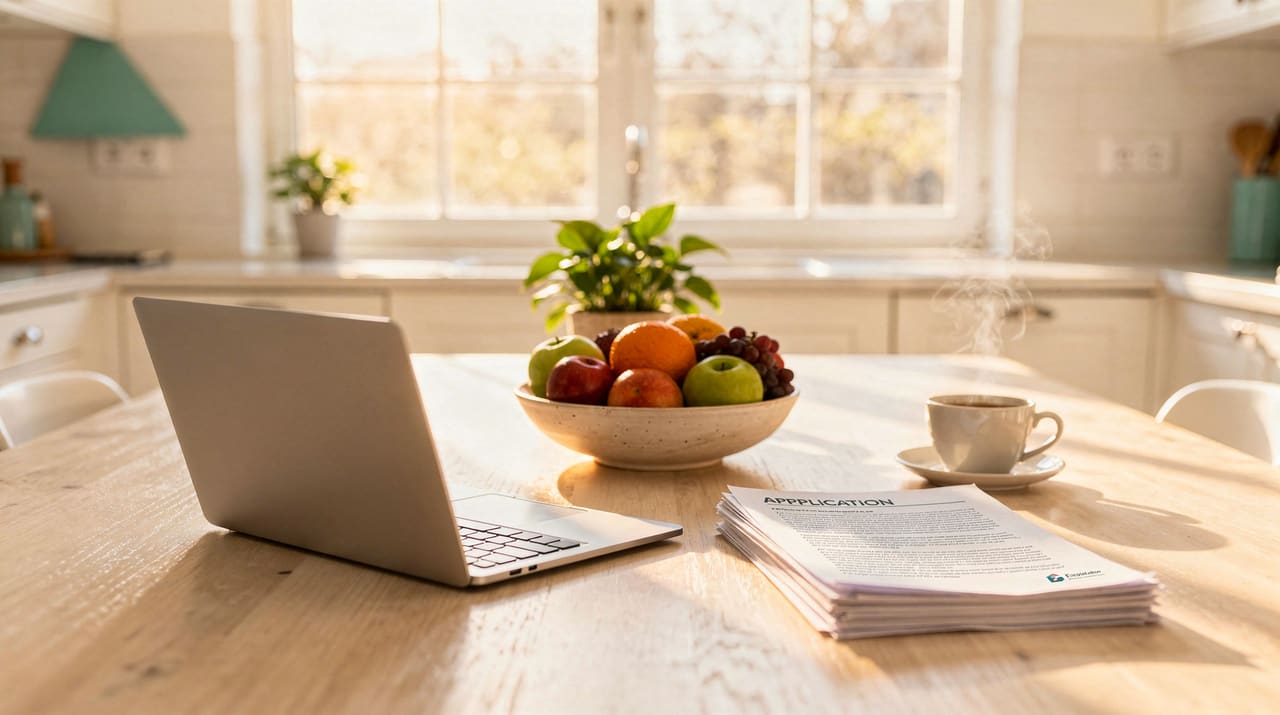 Ett soligt köksbord som blivit arbetsplats med öppen laptop, utskrivna ansökningspapper och en kaffekopp i morgonljus