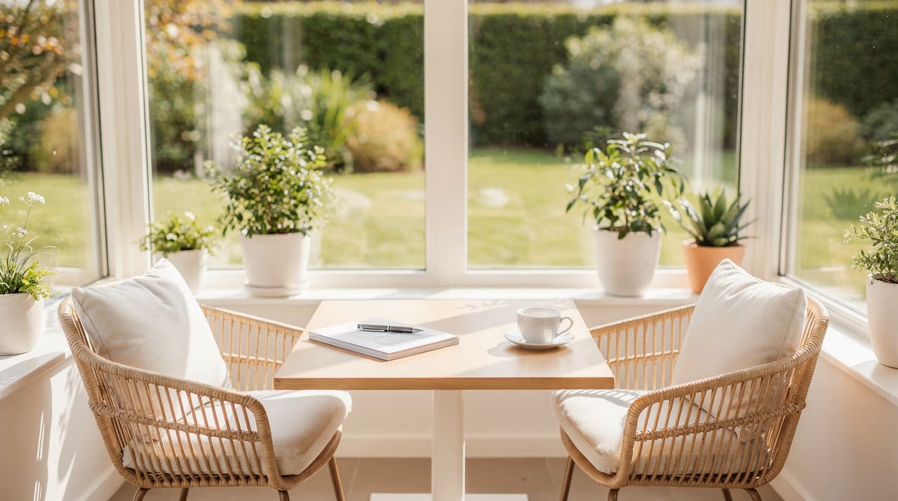 Ljus inglasad veranda med ett litet bord, utskrivna papper, penna och kaffekopp i morgonsol