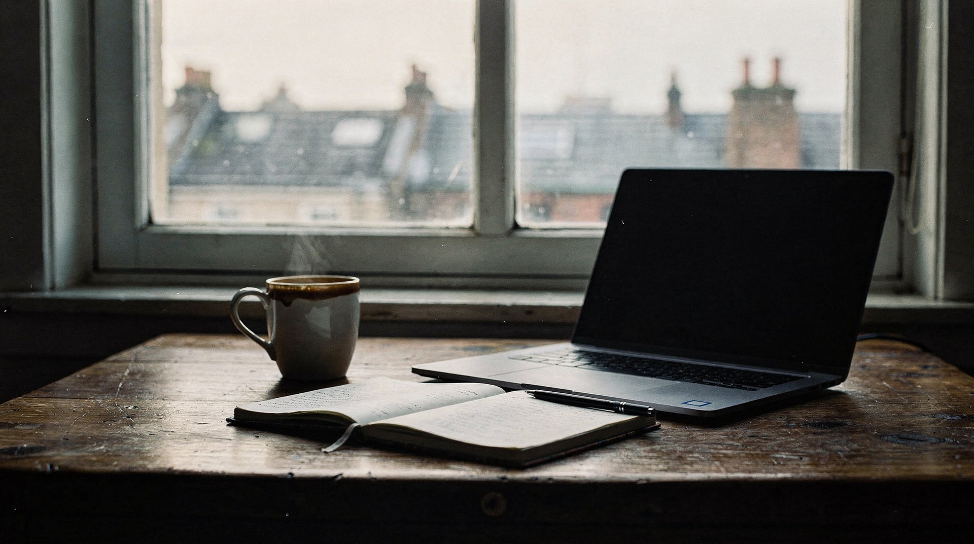 Slitet träskrivbord i gryningen – laptop lyser svagt bredvid kallt kaffe och anteckningar, fönster med blekt vinterdagljus och hustak